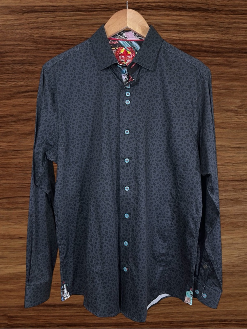 Au Noir Men’s Black Floral Long Sleeve Dress Shirt. Size 3/Medium